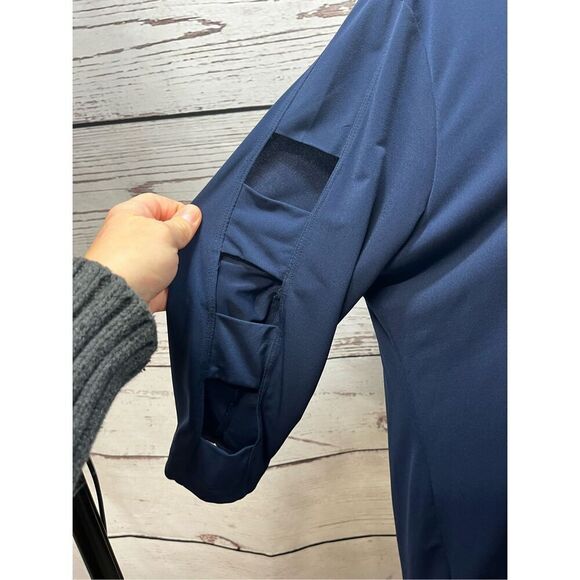 Navy Blue 3/4 Sleeve Tunic Top with Shoulder Cut Outs, Casual Comfort - Picture 2 of 5